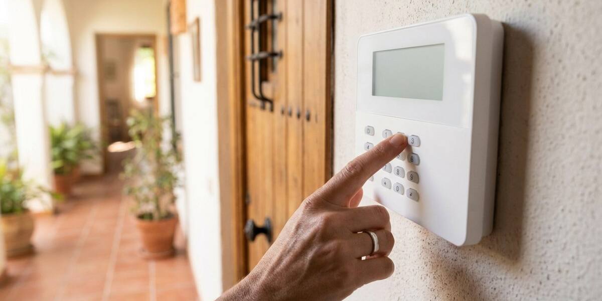 Panel de alarma junto a la puerta de entrada de una casa