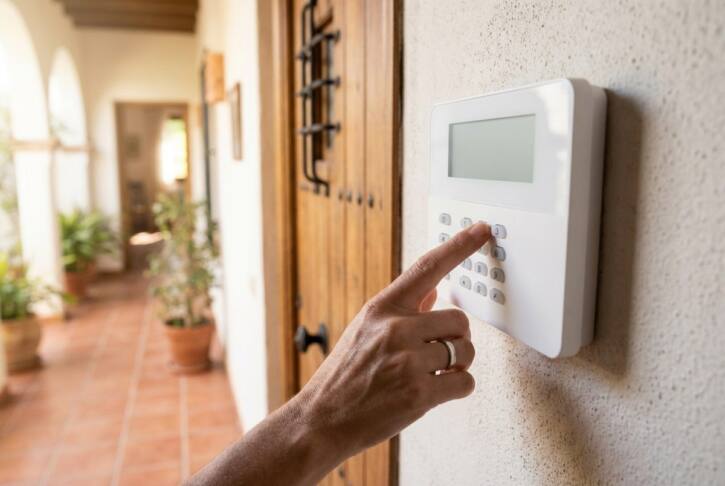 Panel de alarma junto a la puerta de entrada de una casa