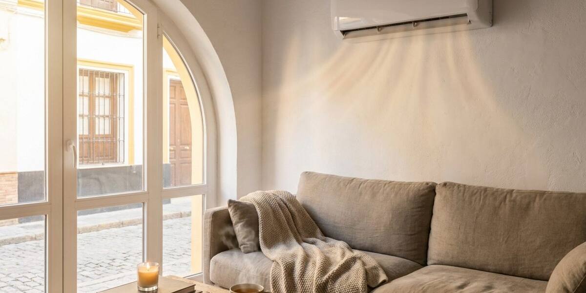 Salón en invierno con un split de aire acondicionado dando calor