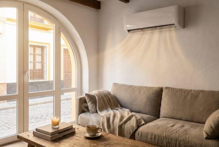 Salón en invierno con un split de aire acondicionado dando calor