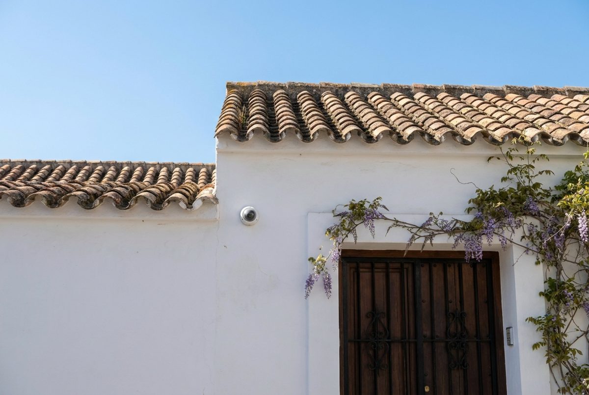 Cámara de videovigilancia en la fachada de una casa