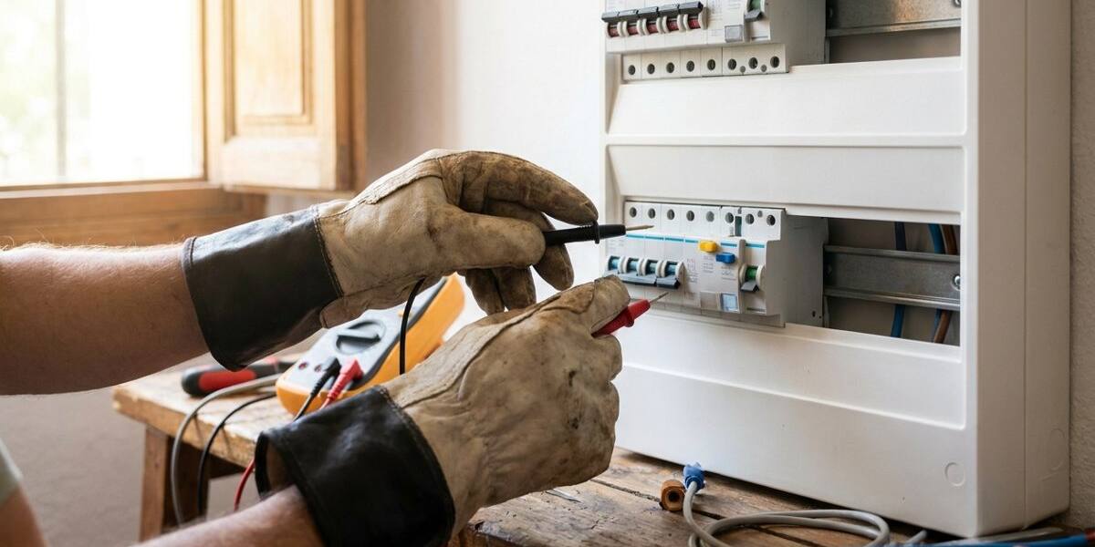 Electricista revisando un cuadro eléctrico con un multímetro